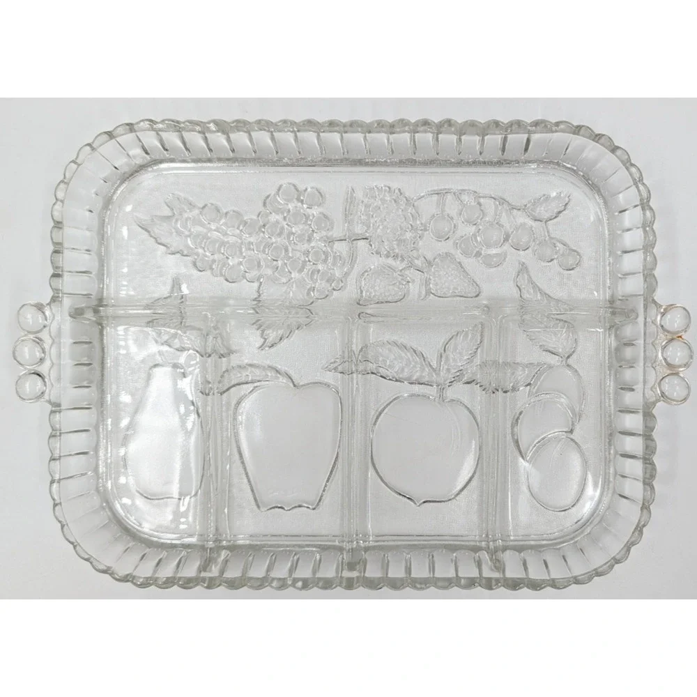 Indiana Glass Clear Divided Serving Relish Tray Fruit Pattern Handles 9